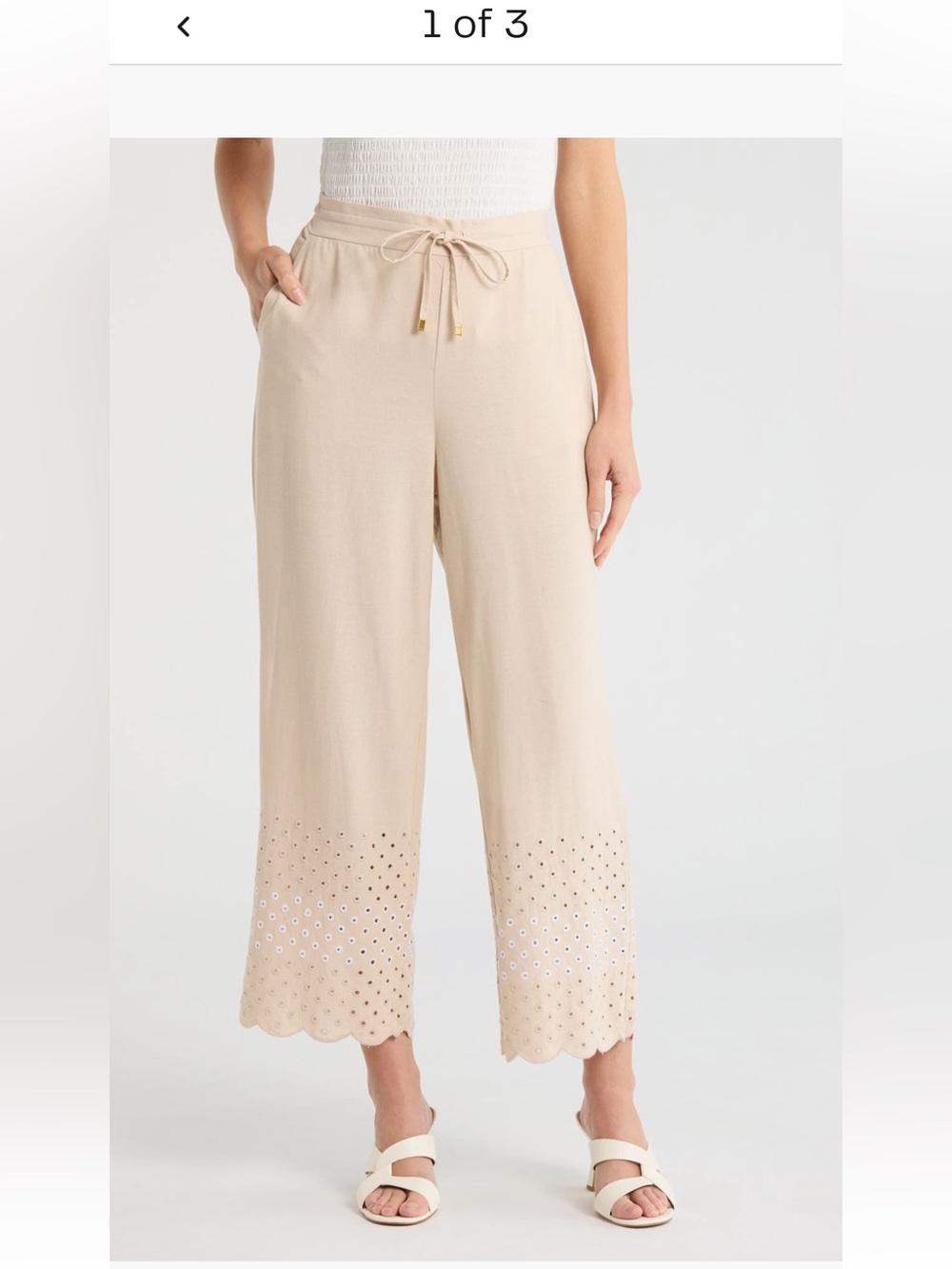 Ellen Tracy Beige Cropped linen Eyelet-Trim Drawstring Pants